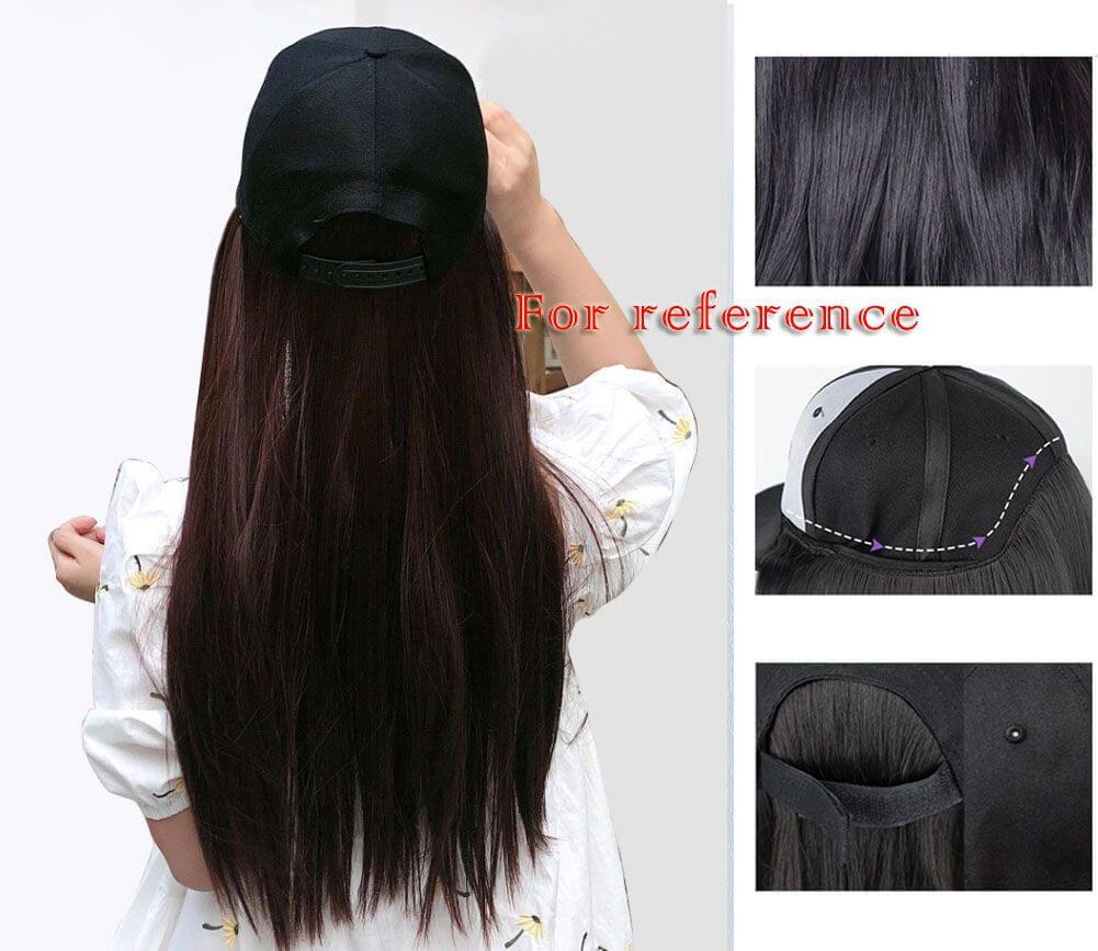 Black Baseball Cap with Grey Blue Long Straight Wig Mixed Color Synthetic Hair Extension Hat Wig Cap - Clothes For Her Online Store