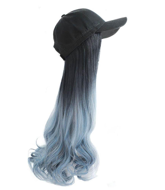 Black Baseball Cap with Grey Blue Long Wavy Wig Mixed Color Synthetic Hair Extension Hat Wig Cap - Clothes For Her Online Store