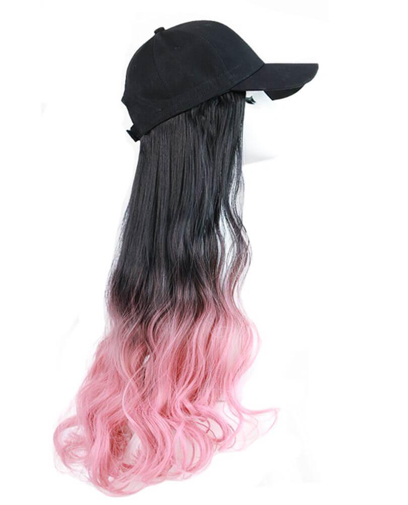 Black Baseball Cap with Pink Long Wavy Wig Mixed Color Synthetic Hair Extension Hat Wig Cap - Clothes For Her Online Store