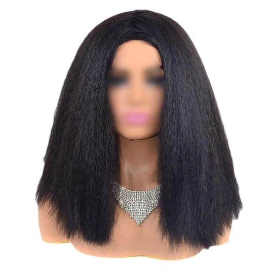 Black Brown Afro Straight Bob Wigs Fluffy Synthetic Hair Yaki Straight Curly Medium Part Bang Full Wigs, 14Inch - Clothes For Her Online Store
