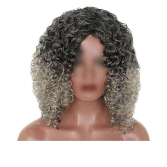 Black Dark Grey Afro Hair Wig 2Tone Short Curly Fluffy Wigs with Bangs Synthetic Hair Full Wig,16 inch - Clothes For Her Online Store