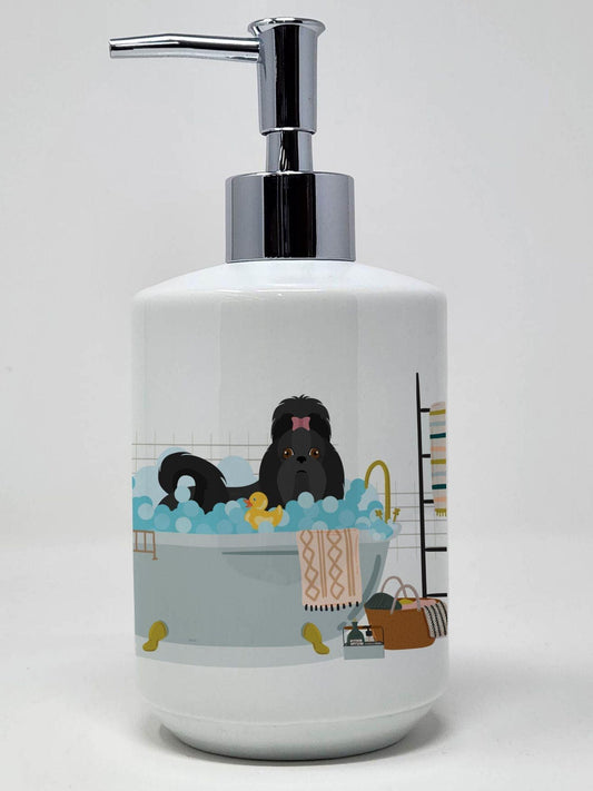 Black Shih Tzu Ceramic Soap Dispenser Hand Soap Dispenser Pump Bottles for Bathroom Kitchen, Empty Refillable Liquid Soap Container