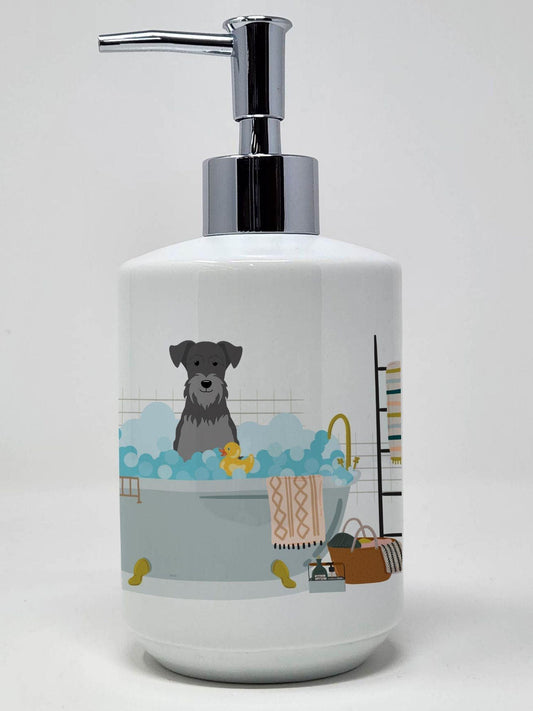 Black Silver Miniature Schnauzer in Bathtub Ceramic Soap Dispenser Hand Soap Dispenser Pump Bottles for Bathroom Kitchen, Empty Refillable Liquid Soap Container