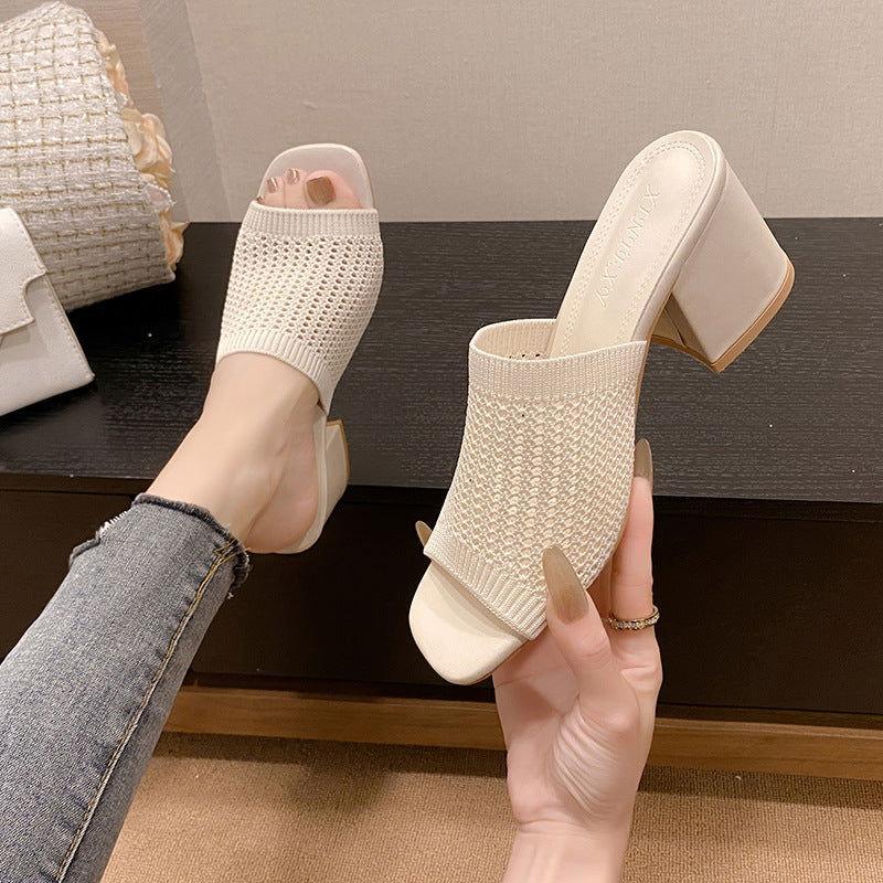 Block Heel Knit Sandals - Clothes For Her Online Store
