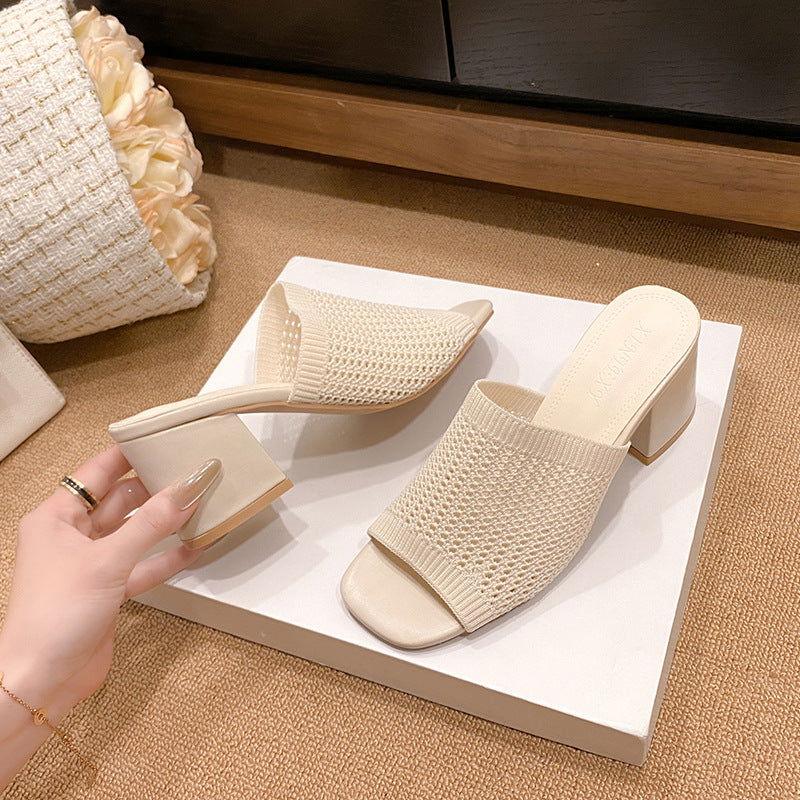 Block Heel Knit Sandals - Clothes For Her Online Store