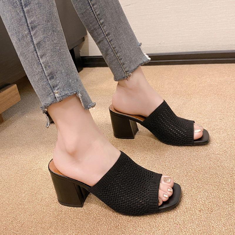 Block Heel Knit Sandals - Clothes For Her Online Store