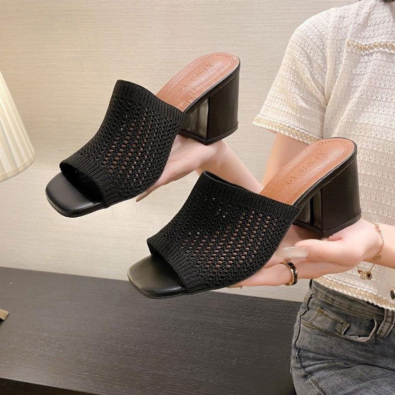 Block Heel Knit Sandals - Clothes For Her Online Store