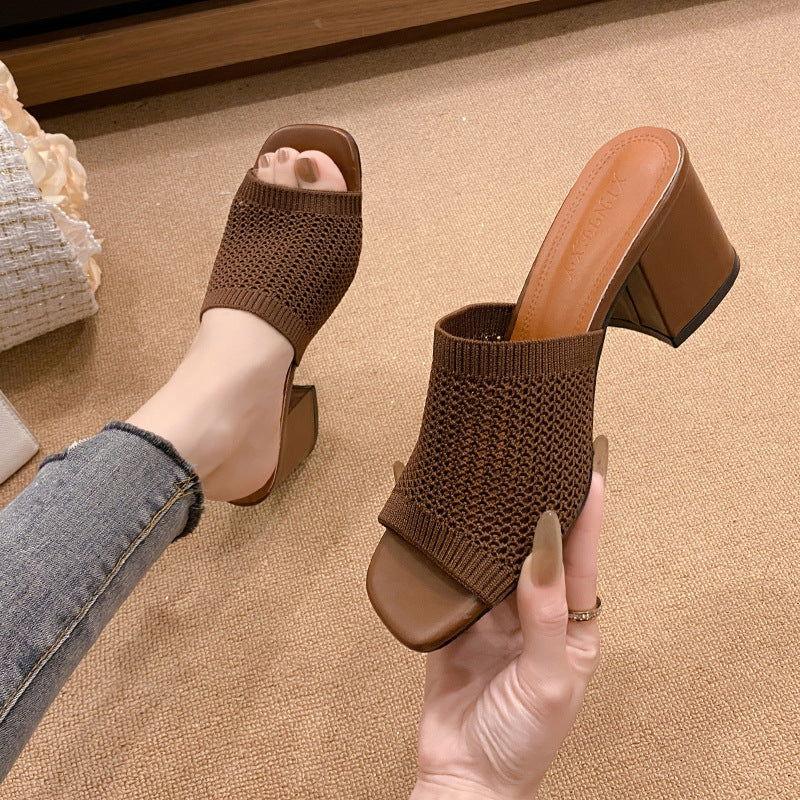Block Heel Knit Sandals - Clothes For Her Online Store