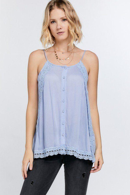 Boho Scallop Lace Trim Detailed Button Down Solid Subtle Textured Slit Side Overlay Layered Cami Top - Clothes For Her Online Store