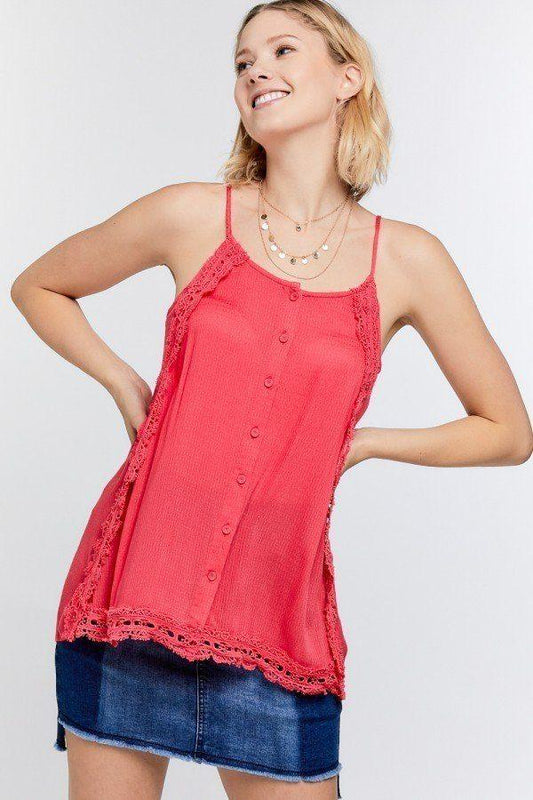 Boho Scallop Lace Trim Detailed Button Down Solid Subtle Textured Slit Side Overlay Layered Cami Top - Clothes For Her Online Store
