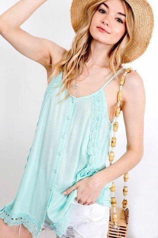 Boho Scallop Lace Trim Detailed Button Down Solid Subtle Textured Slit Side Overlay Layered Cami Top - Clothes For Her Online Store
