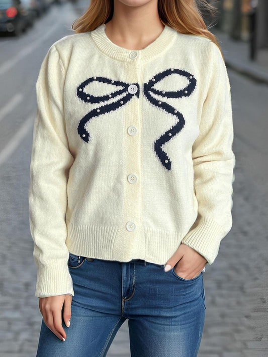 Bow Button Down Round Neck Cardigan - Clothes For Her Online Store