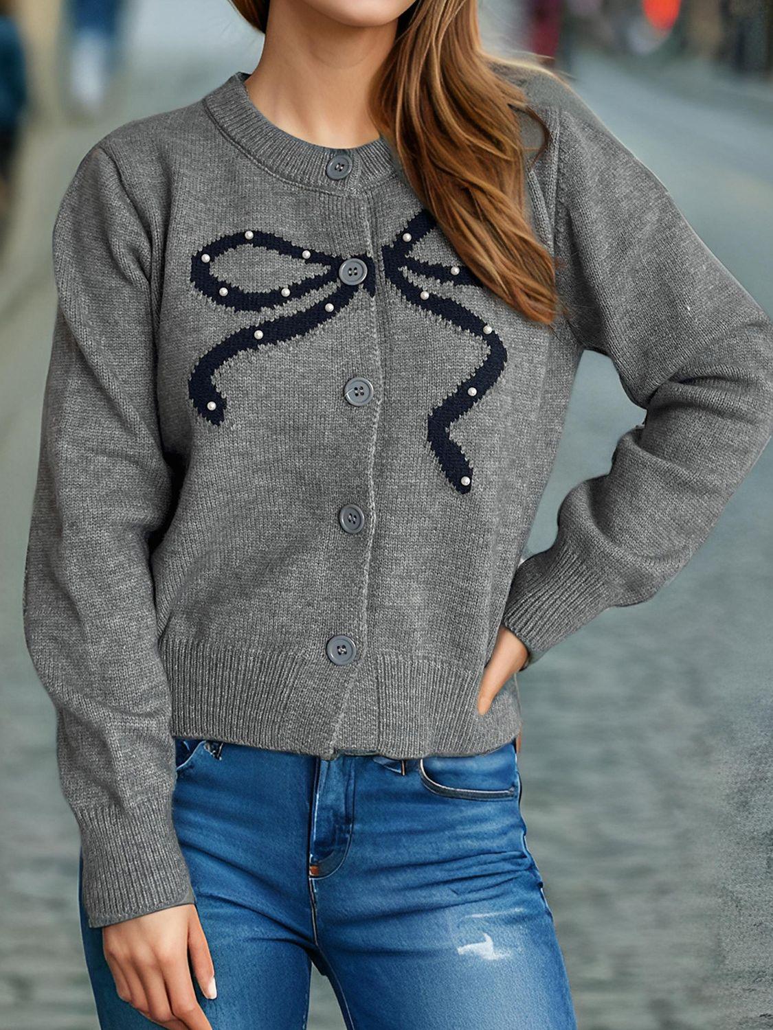 Bow Button Down Round Neck Cardigan - Clothes For Her Online Store