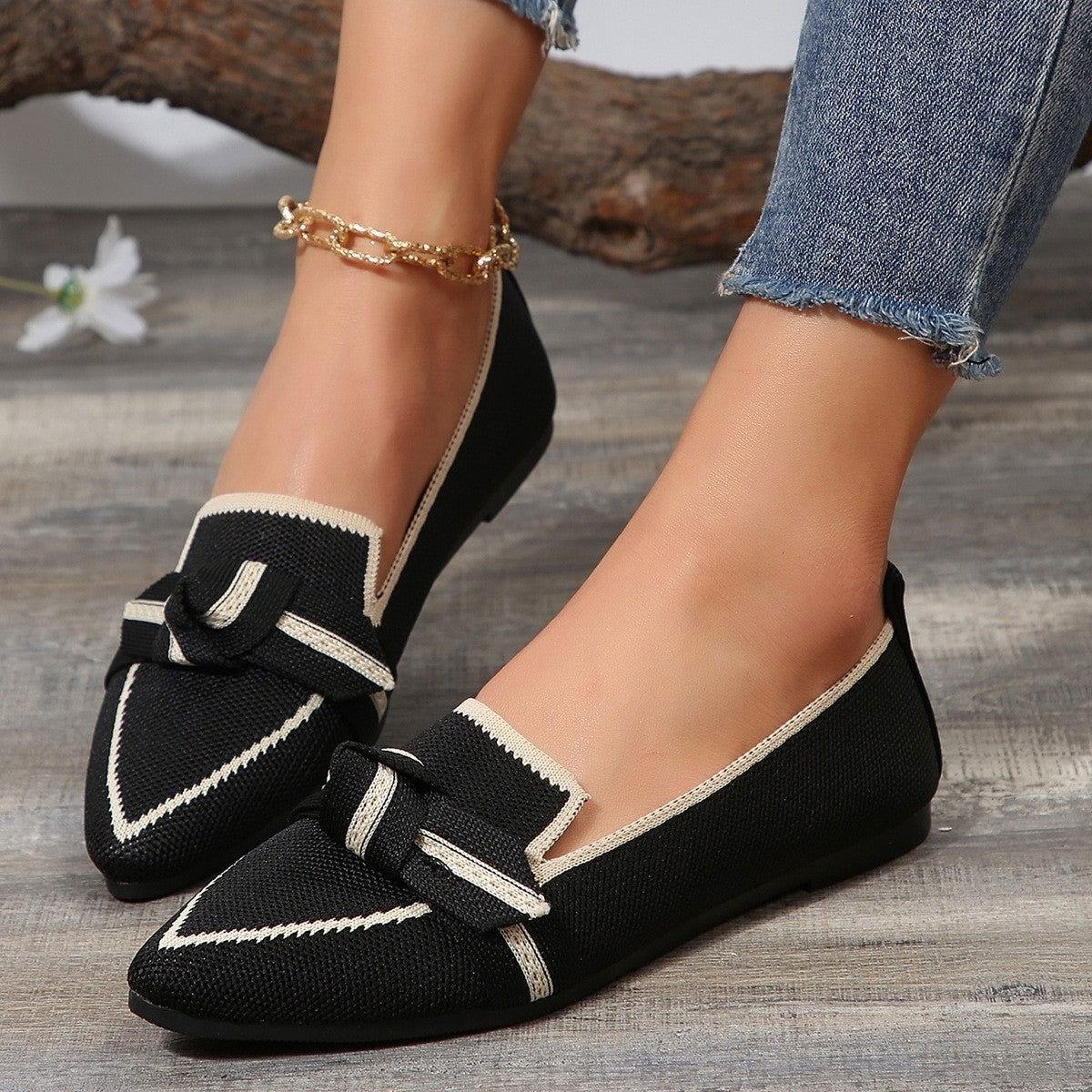 Bow Contrast Trim Point Toe Loafers - Clothes For Her Online Store