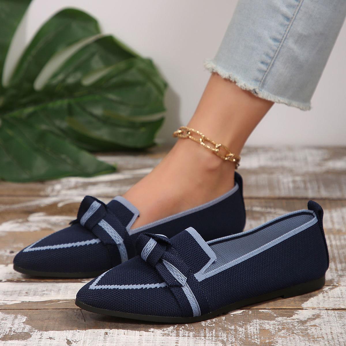 Bow Contrast Trim Point Toe Loafers - Clothes For Her Online Store