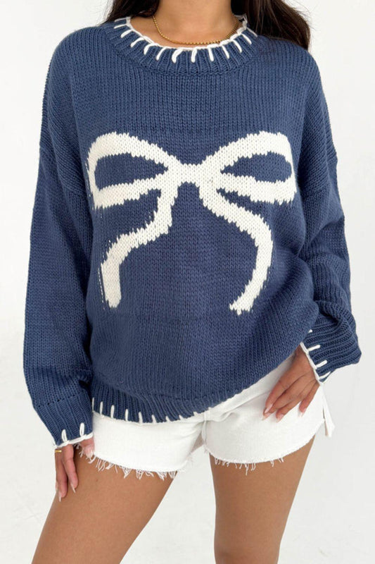 Bow Graphic Round Neck Long Sleeve Sweater - Clothes For Her Online Store