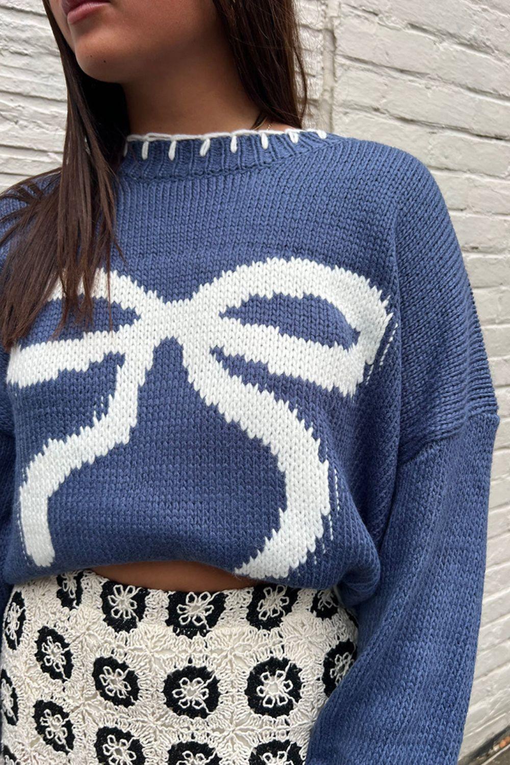 Bow Graphic Round Neck Long Sleeve Sweater - Clothes For Her Online Store
