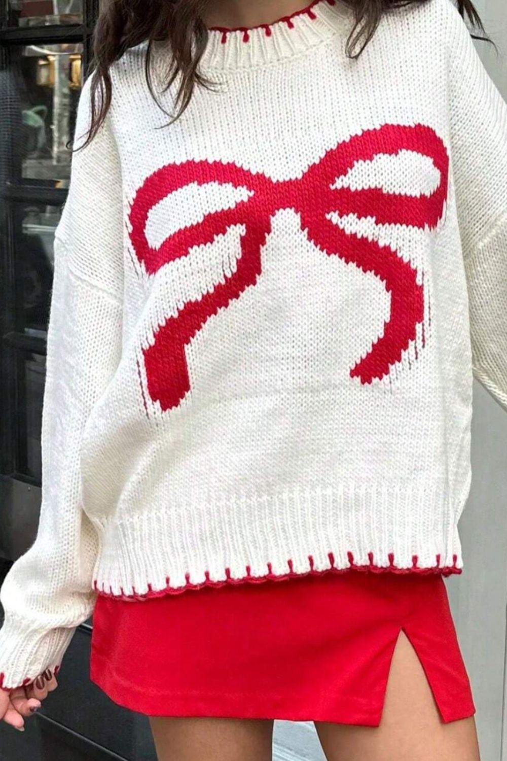 Bow Graphic Round Neck Long Sleeve Sweater - Clothes For Her Online Store