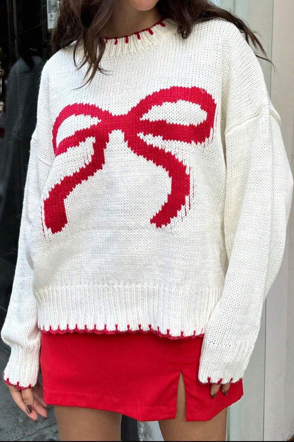 Bow Graphic Round Neck Long Sleeve Sweater - Clothes For Her Online Store
