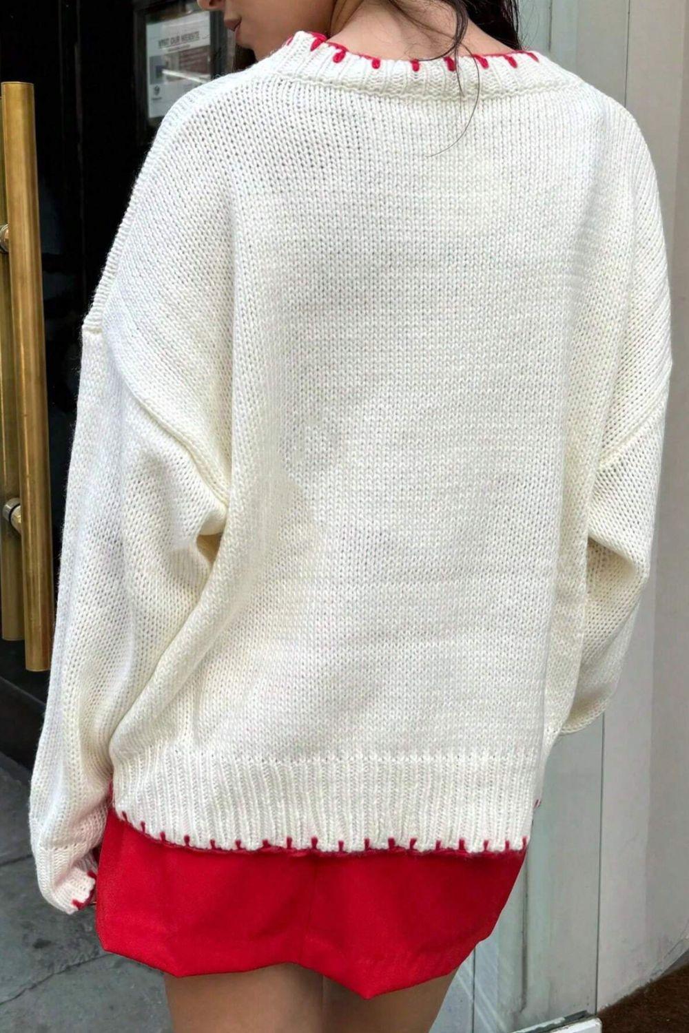 Bow Graphic Round Neck Long Sleeve Sweater - Clothes For Her Online Store
