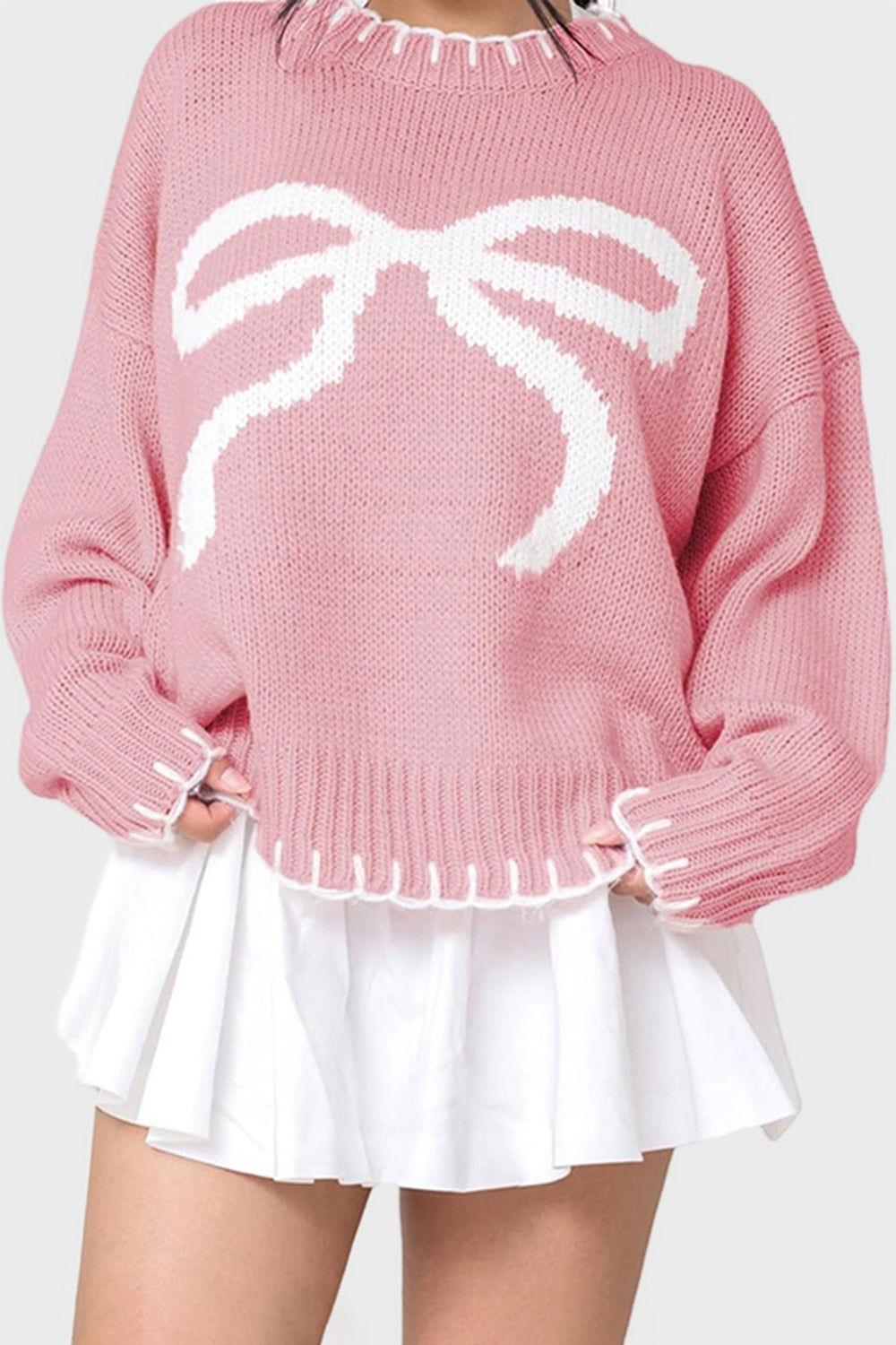 Bow Graphic Round Neck Long Sleeve Sweater - Clothes For Her Online Store