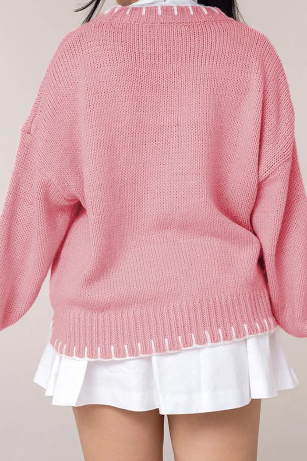 Bow Graphic Round Neck Long Sleeve Sweater - Clothes For Her Online Store
