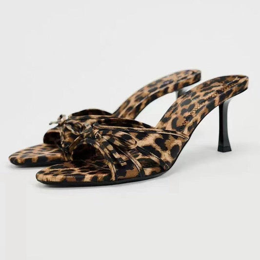 Bow Leopard Kitten Heel Sandals - Clothes For Her Online Store