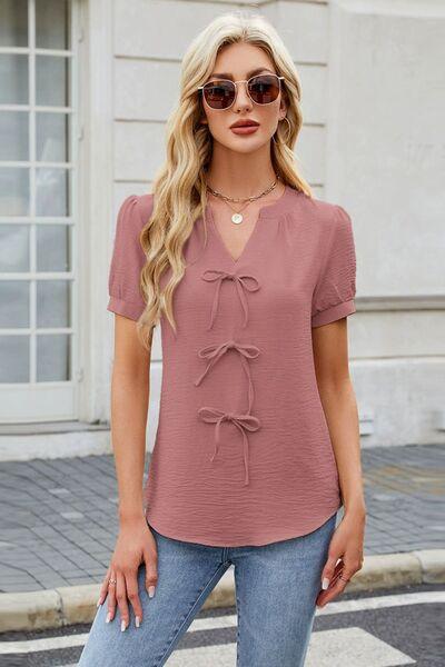 Bow Notched Short Sleeve Blouse - Clothes For Her Online Store