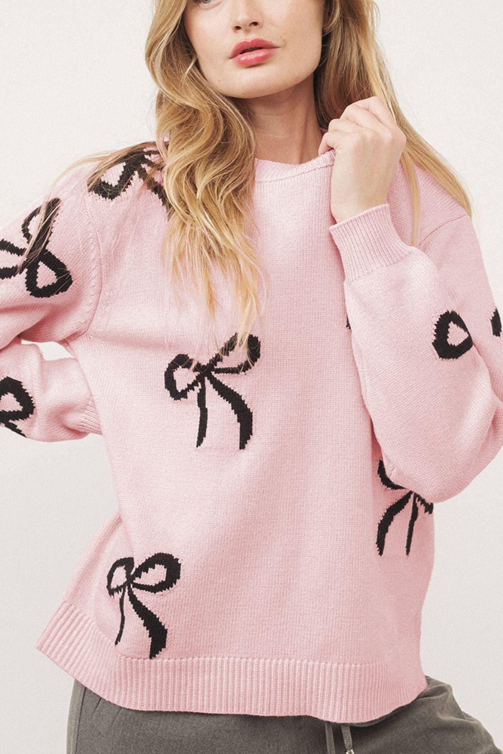 Bow Pattern Round Neck Loose Fit Sweater - Clothes For Her Online Store