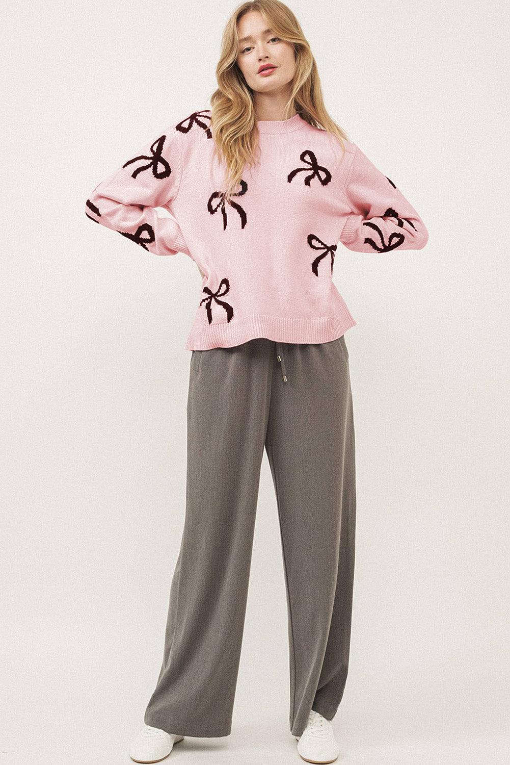 Bow Pattern Round Neck Loose Fit Sweater - Clothes For Her Online Store