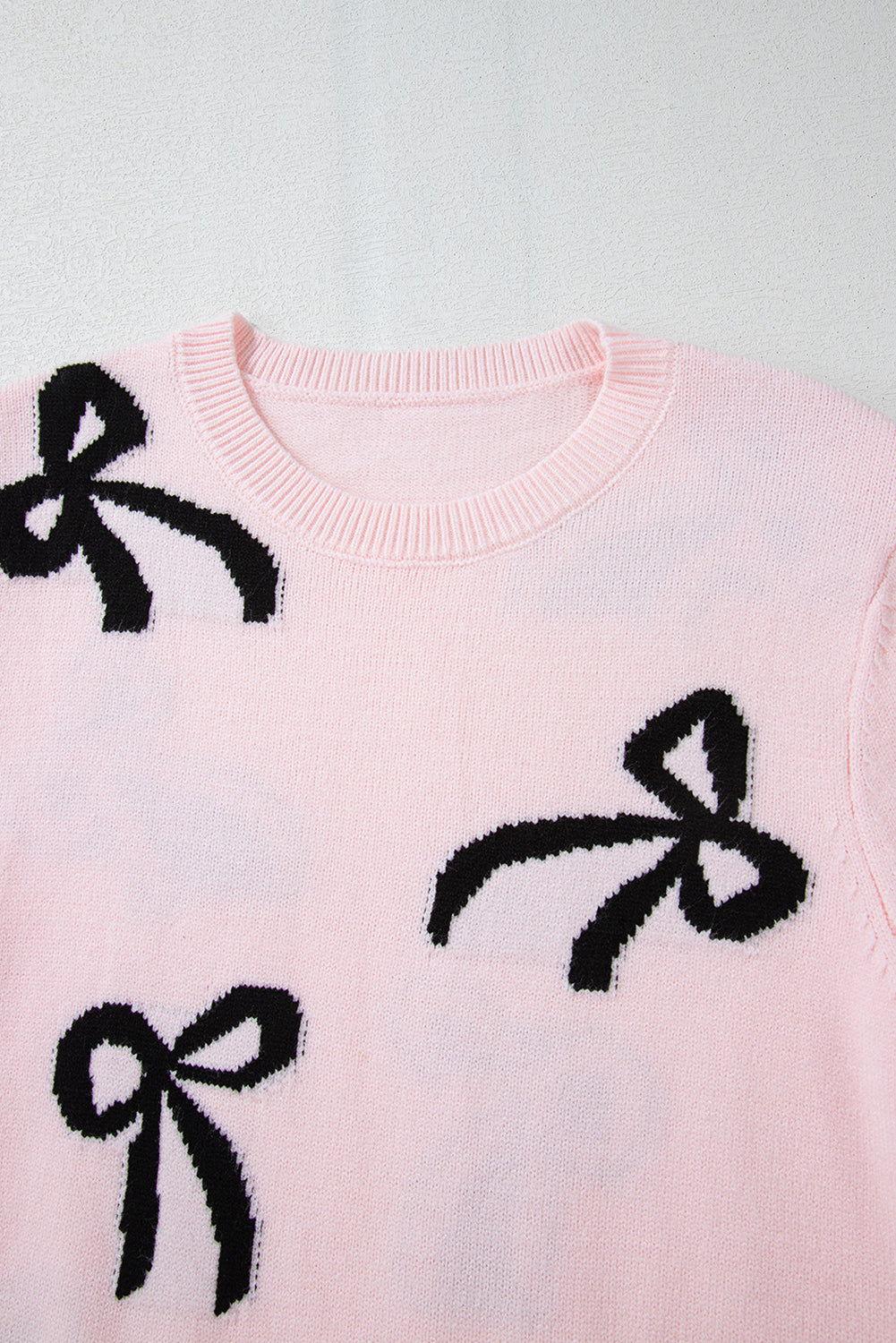 Bow Pattern Round Neck Loose Fit Sweater - Clothes For Her Online Store