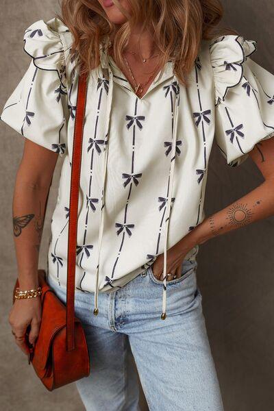 Bow Print Tie Neck Short Sleeve Blouse - Clothes For Her Online Store