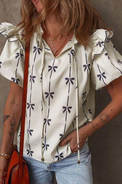 Bow Print Tie Neck Short Sleeve Blouse - Clothes For Her Online Store