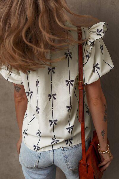Bow Print Tie Neck Short Sleeve Blouse - Clothes For Her Online Store