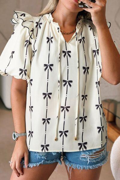 Bow Print Tie Neck Short Sleeve Blouse - Clothes For Her Online Store