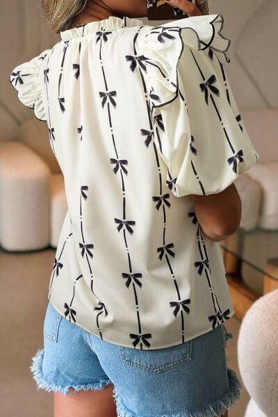 Bow Print Tie Neck Short Sleeve Blouse - Clothes For Her Online Store