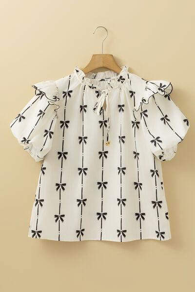 Bow Print Tie Neck Short Sleeve Blouse - Clothes For Her Online Store