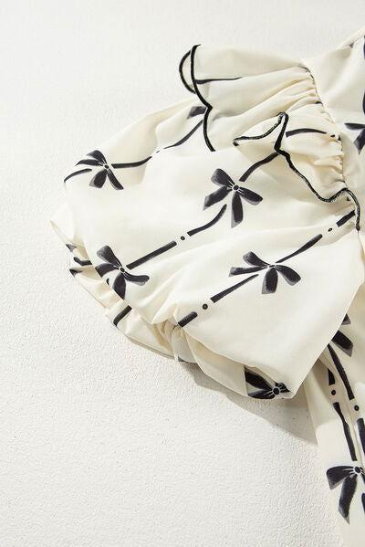 Bow Print Tie Neck Short Sleeve Blouse - Clothes For Her Online Store