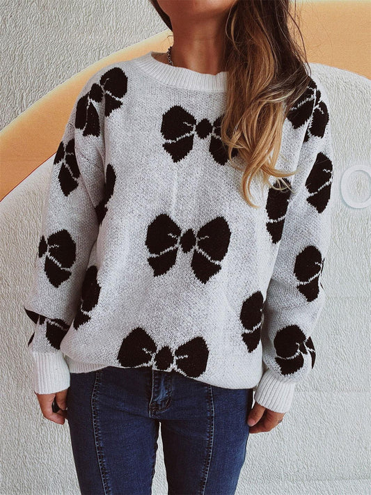 Bow Round Neck Dropped Shoulder Sweater - Clothes For Her Online Store