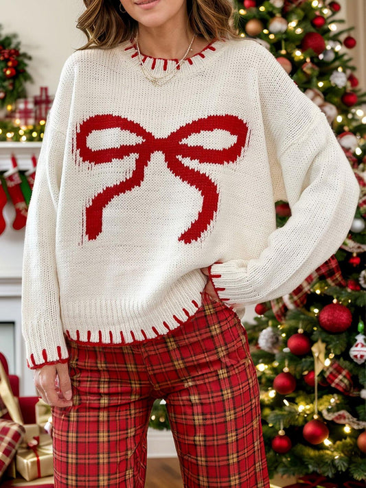 Bow Round Neck Long Sleeve Sweater - Clothes For Her Online Store