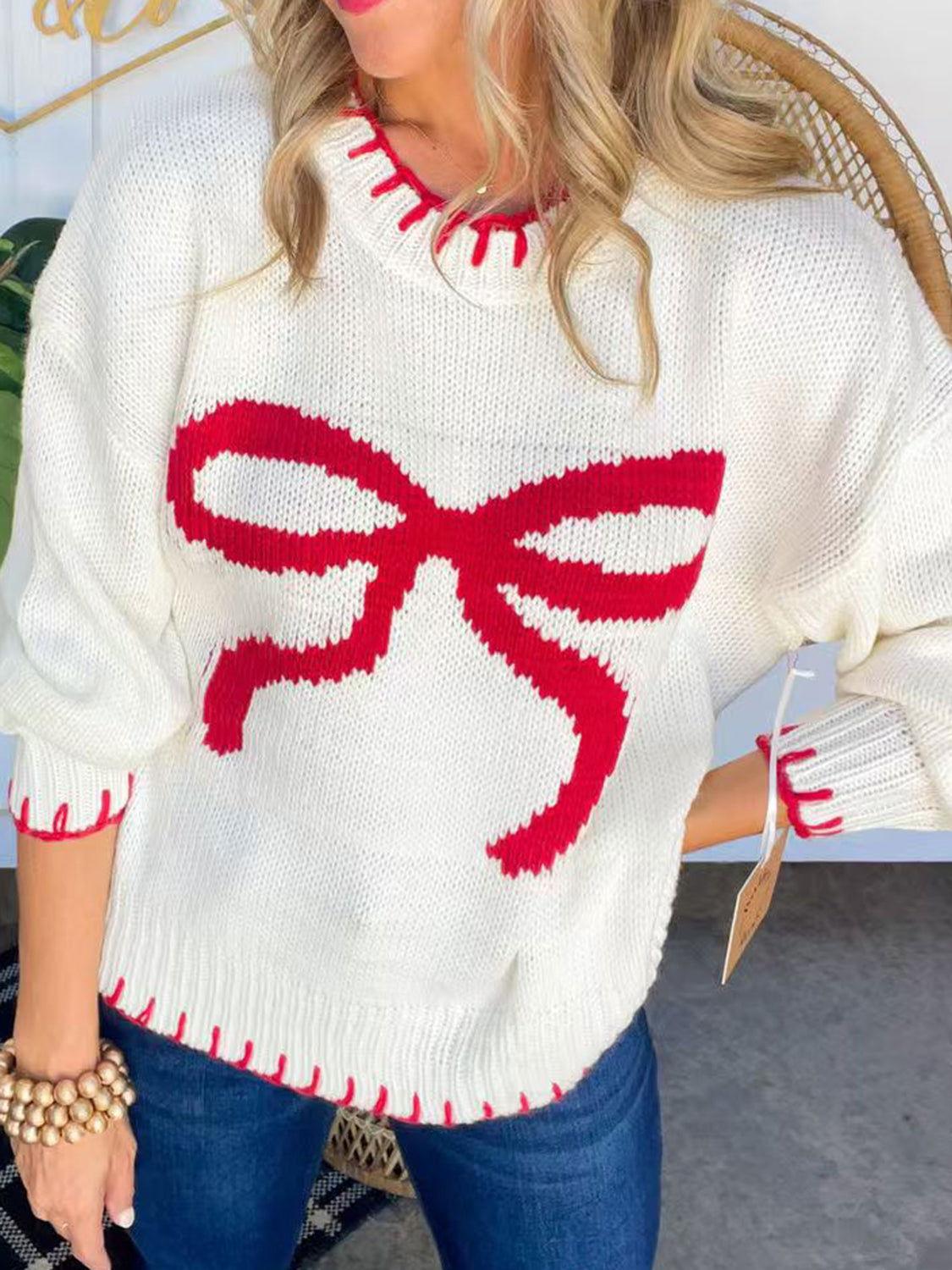 Bow Round Neck Long Sleeve Sweater - Clothes For Her Online Store