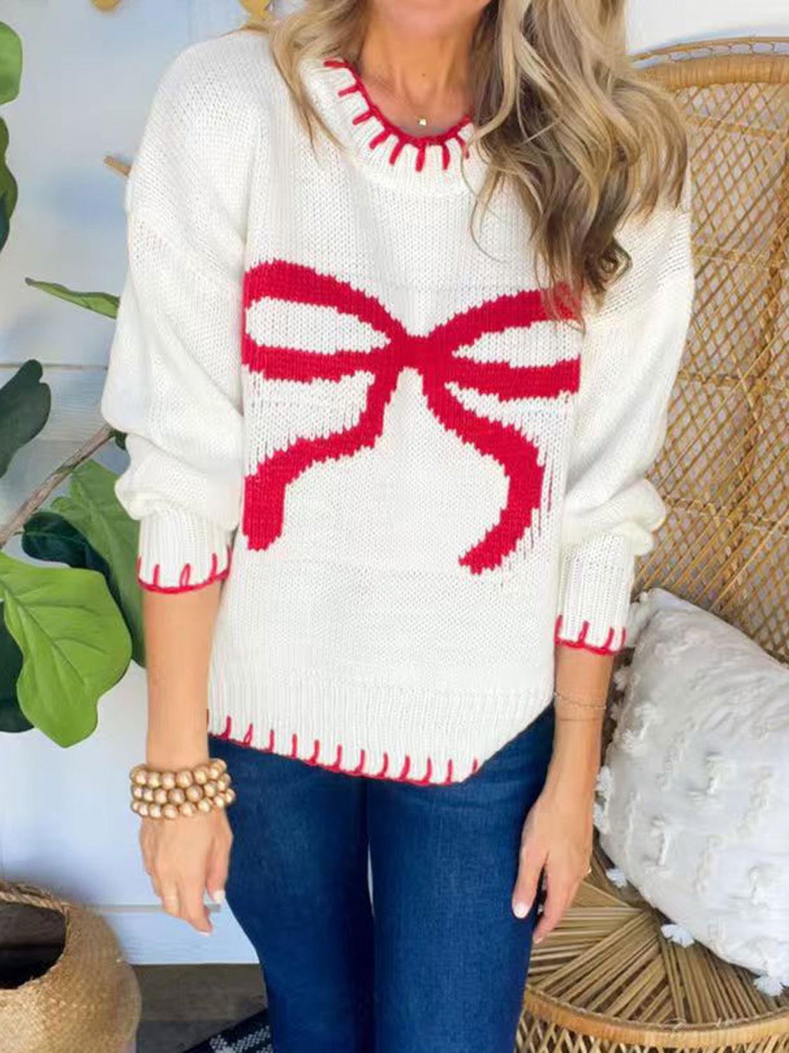 Bow Round Neck Long Sleeve Sweater - Clothes For Her Online Store