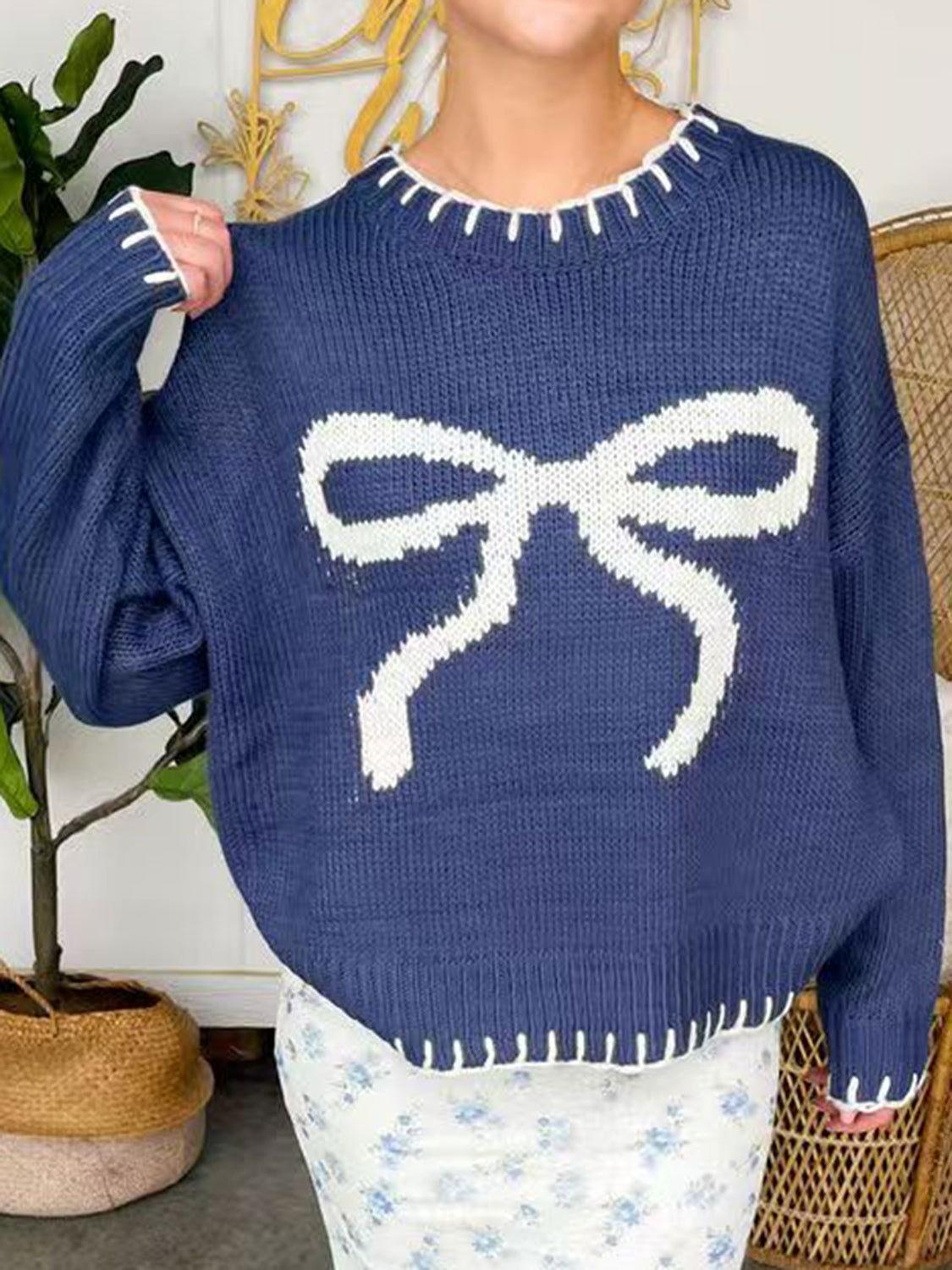 Bow Round Neck Long Sleeve Sweater - Clothes For Her Online Store