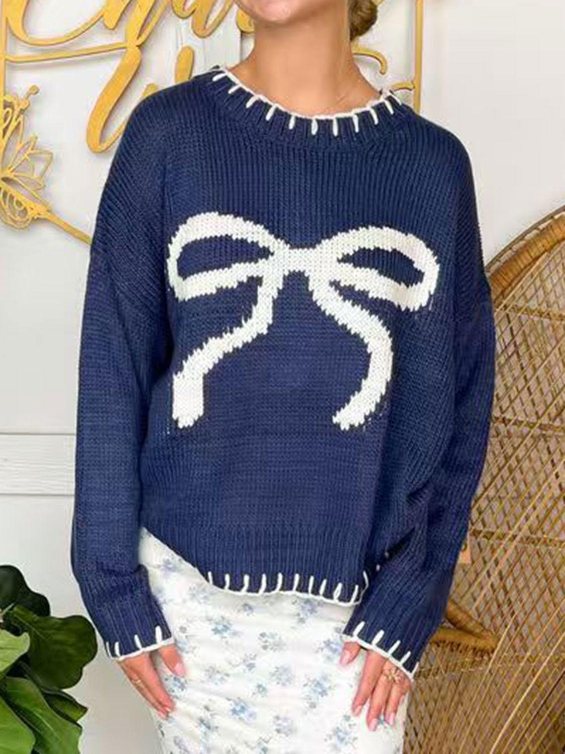 Bow Round Neck Long Sleeve Sweater - Clothes For Her Online Store