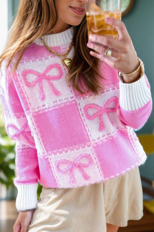 Bow Round Neck Long Sleeve Sweater - Clothes For Her Online Store