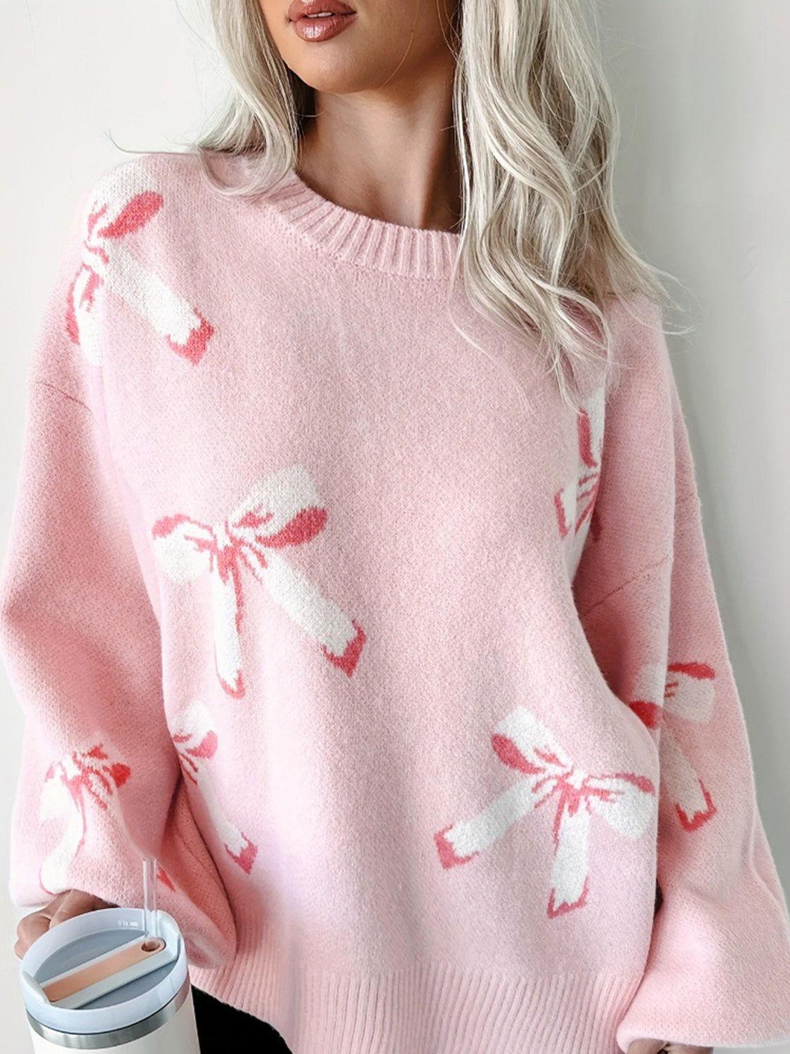 Bow Round Neck Long Sleeve Sweater - Clothes For Her Online Store