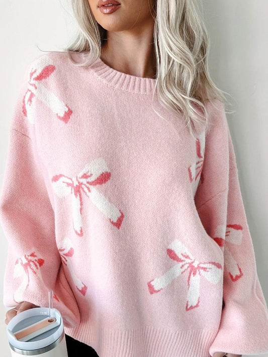 Bow Round Neck Long Sleeve Sweater - Clothes For Her Online Store