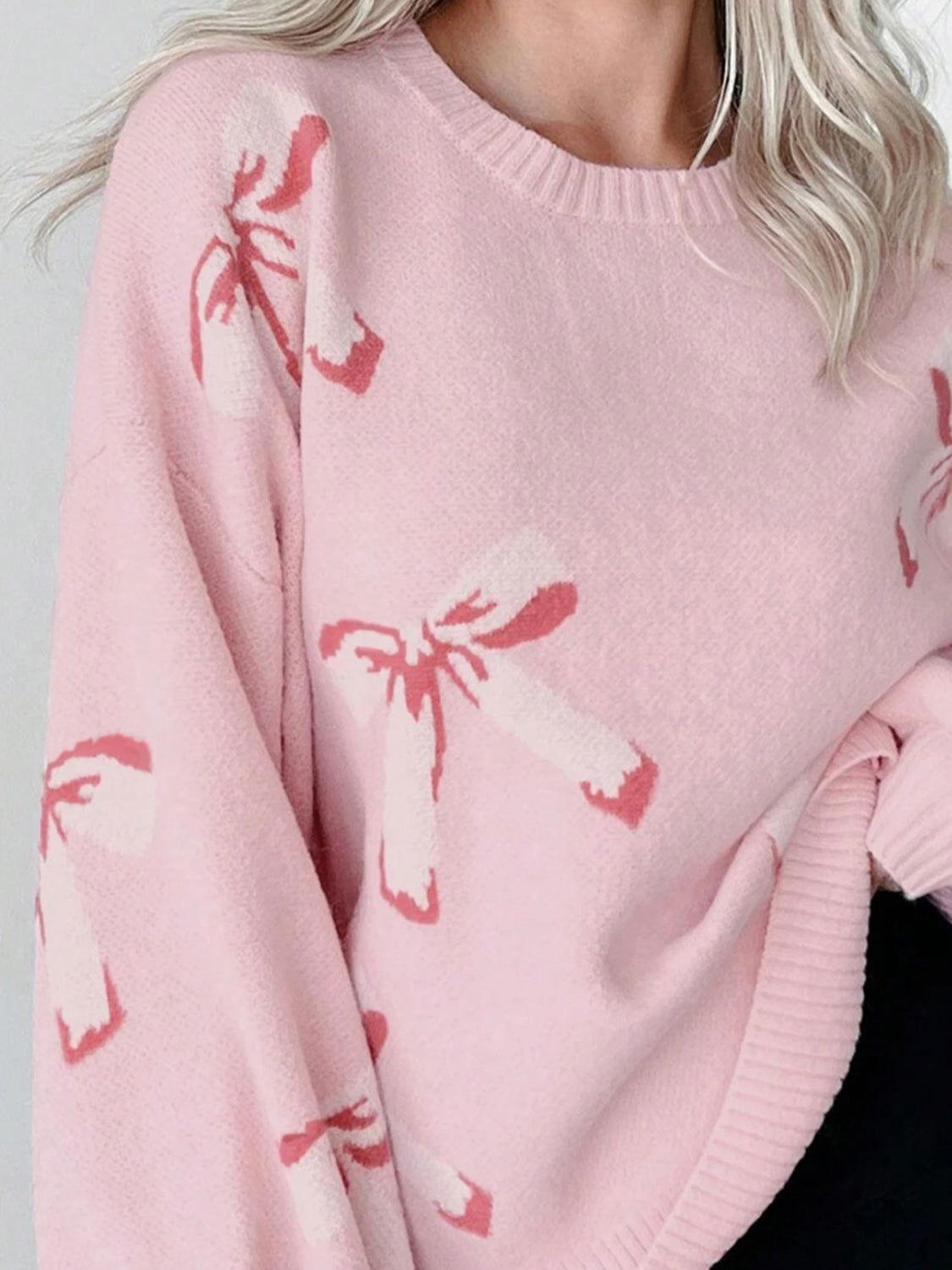 Bow Round Neck Long Sleeve Sweater - Clothes For Her Online Store