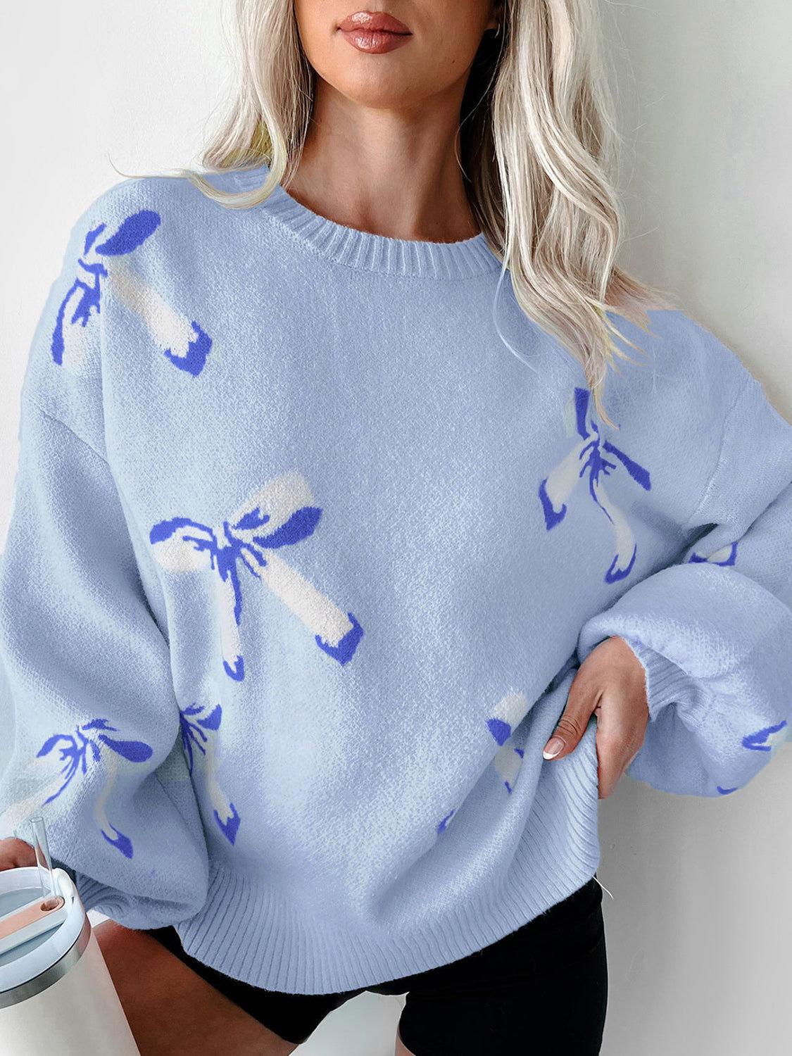 Bow Round Neck Long Sleeve Sweater - Clothes For Her Online Store