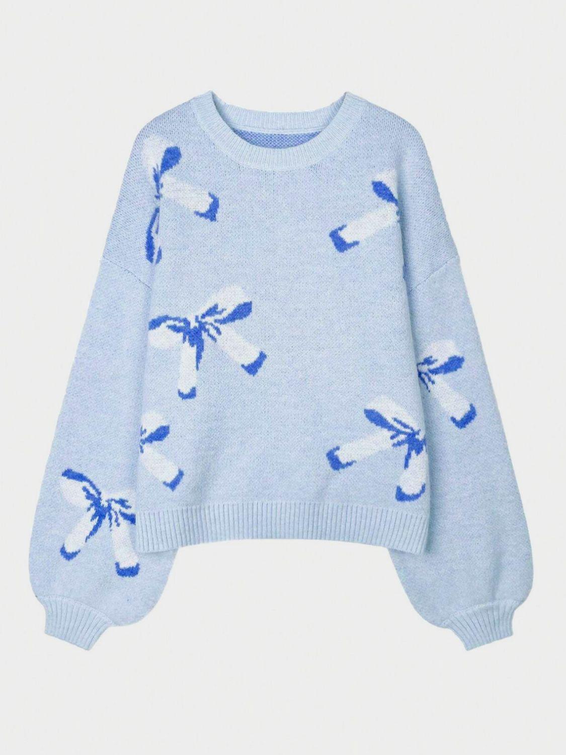 Bow Round Neck Long Sleeve Sweater - Clothes For Her Online Store